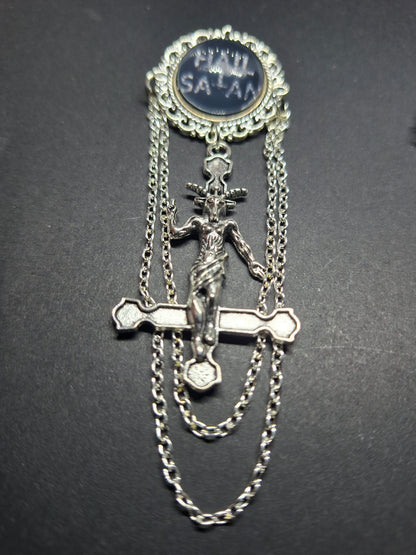 Ornate Satanic "Hail Satan" Brooch with chains and inverted cross :Occult goth witchy