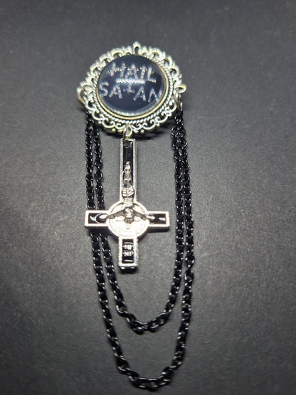 Ornate Satanic "Hail Satan" Brooch with chains and inverted cross :Occult goth witchy