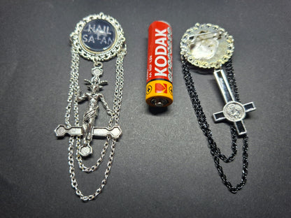 Ornate Satanic "Hail Satan" Brooch with chains and inverted cross :Occult goth witchy