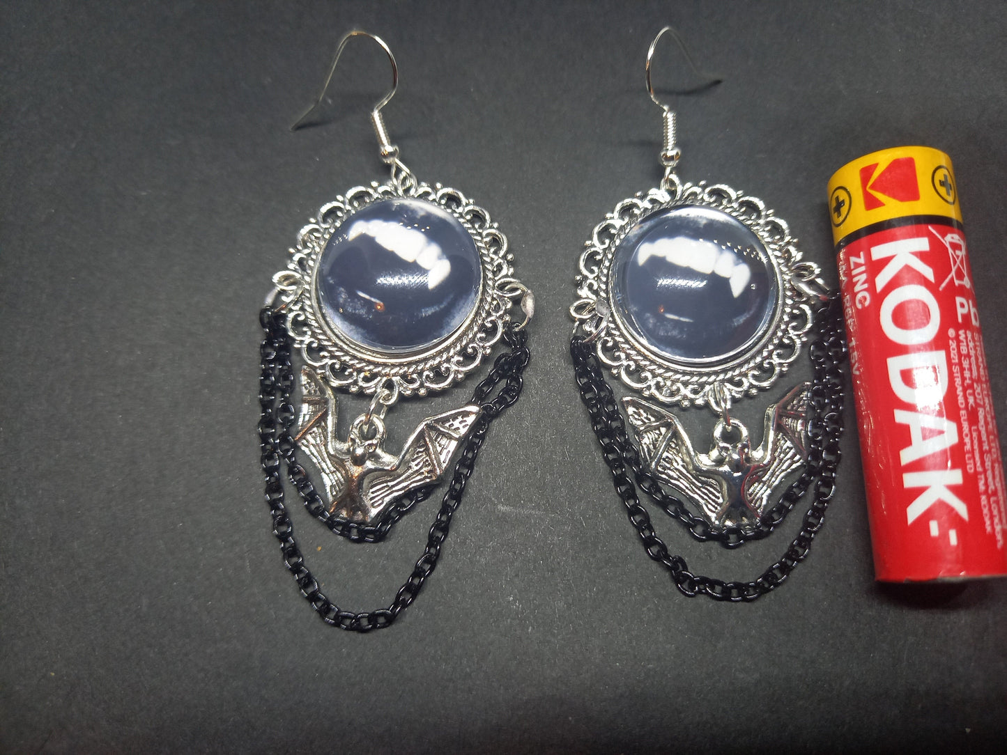 Goth Gothic Witchy Killstar Vampire " FANGS" deluxe ornate earrings with bat charm And chains