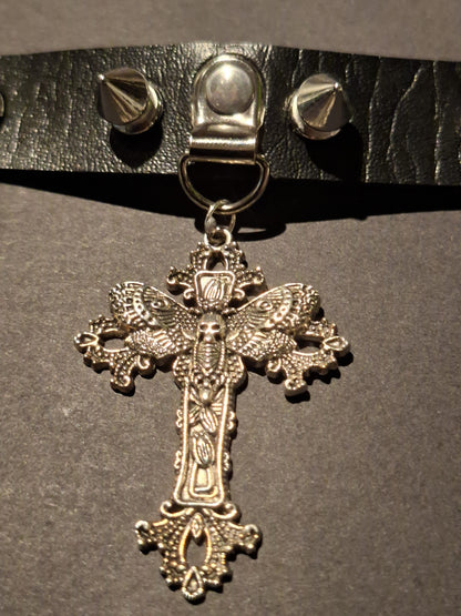 Black Spiked Faux Leather Collar, Ornate Cross with Death Head Moth : Goth Witchy Killstar