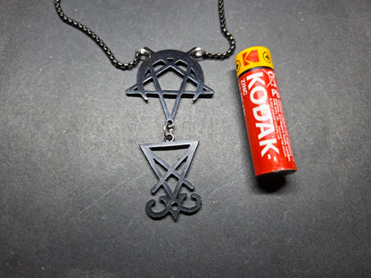 Sigil of Satan, inverted pentagram in crescent moon Black Stainless Steel necklace ,witchy Occult satanic