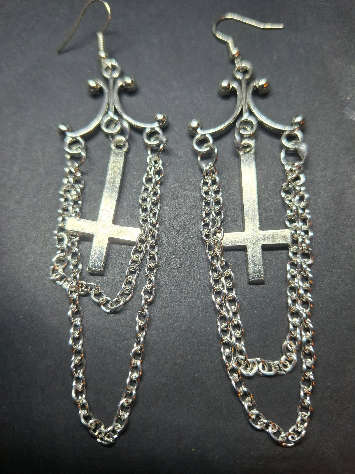 Oddity Curiosity Goth Gothic Witchy witchcraft occult satanic "Chandelier" inverted cross with chains  earrings