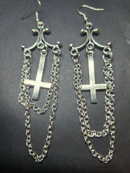 Oddity Curiosity Goth Gothic Witchy witchcraft occult satanic "Chandelier" inverted cross with chains  earrings