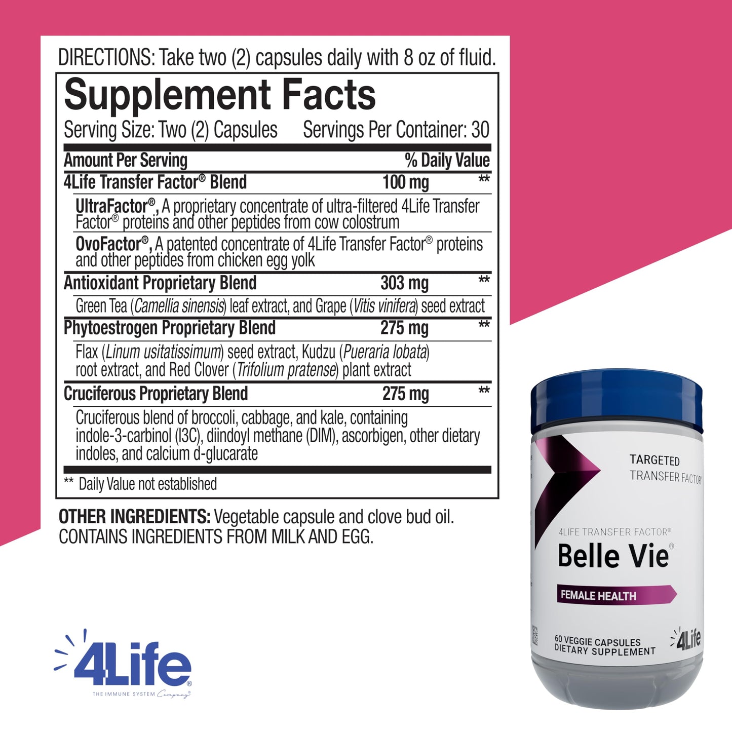 4Life Transfer Factor Belle Vie – Supports Women's Reproductive Health (Kudzu, Flax & Red Clover) – 60 Veggie Capsules