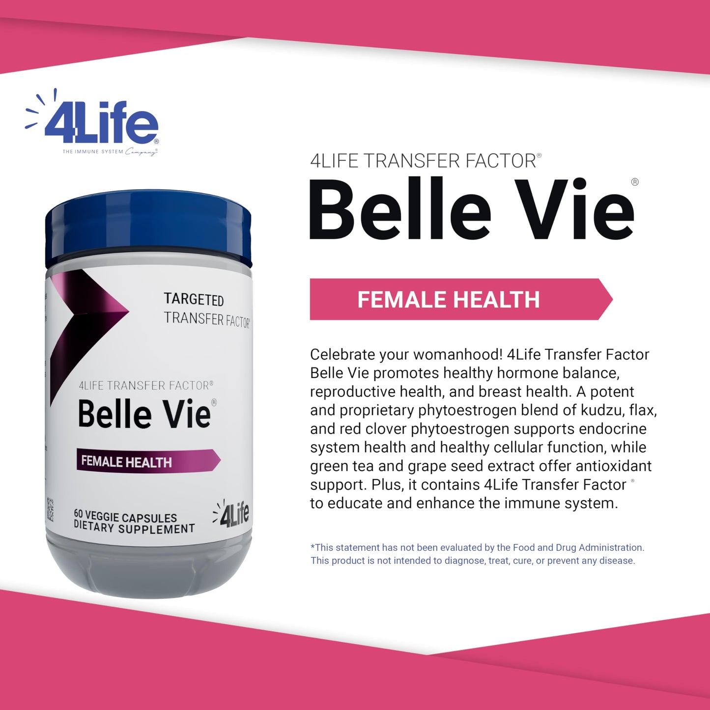 4Life Transfer Factor Belle Vie – Supports Women's Reproductive Health (Kudzu, Flax & Red Clover) – 60 Veggie Capsules