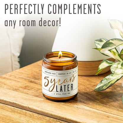 5 Year Anniversary Gift for Her — '5 Years Later' Soy Candle, Sandalwood Rose | 50Hr Burn | USA Made