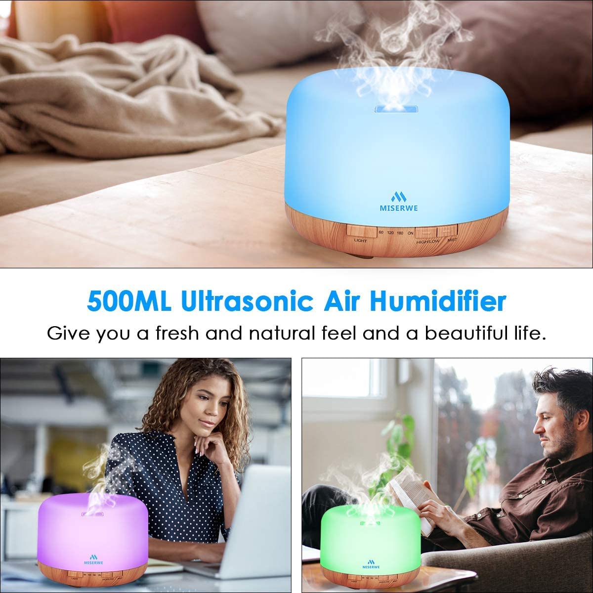 500ml Diffuser with Remote — Waterless Auto Shut Off, Timing Modes, 7-Color Lights