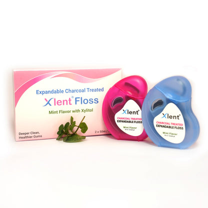 Expandable Charcoal Dental Floss with Xylitol & Mint – PFAS/PTFE Free | Pack of 2 (50 m each)