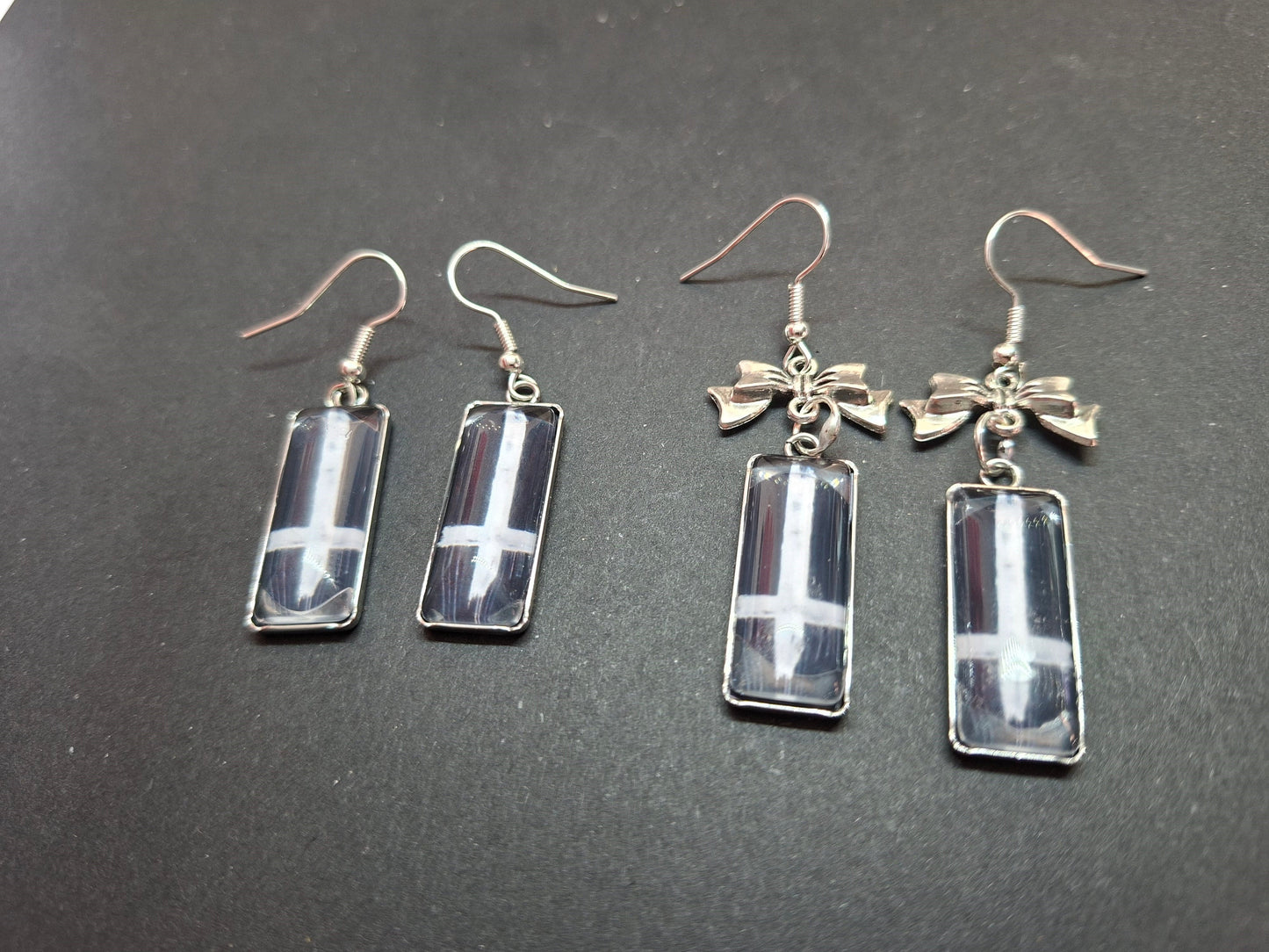 Rectangle earrings,inverted cross with bow or plain: Goth Witchy Occult Witch Pagan Satanic