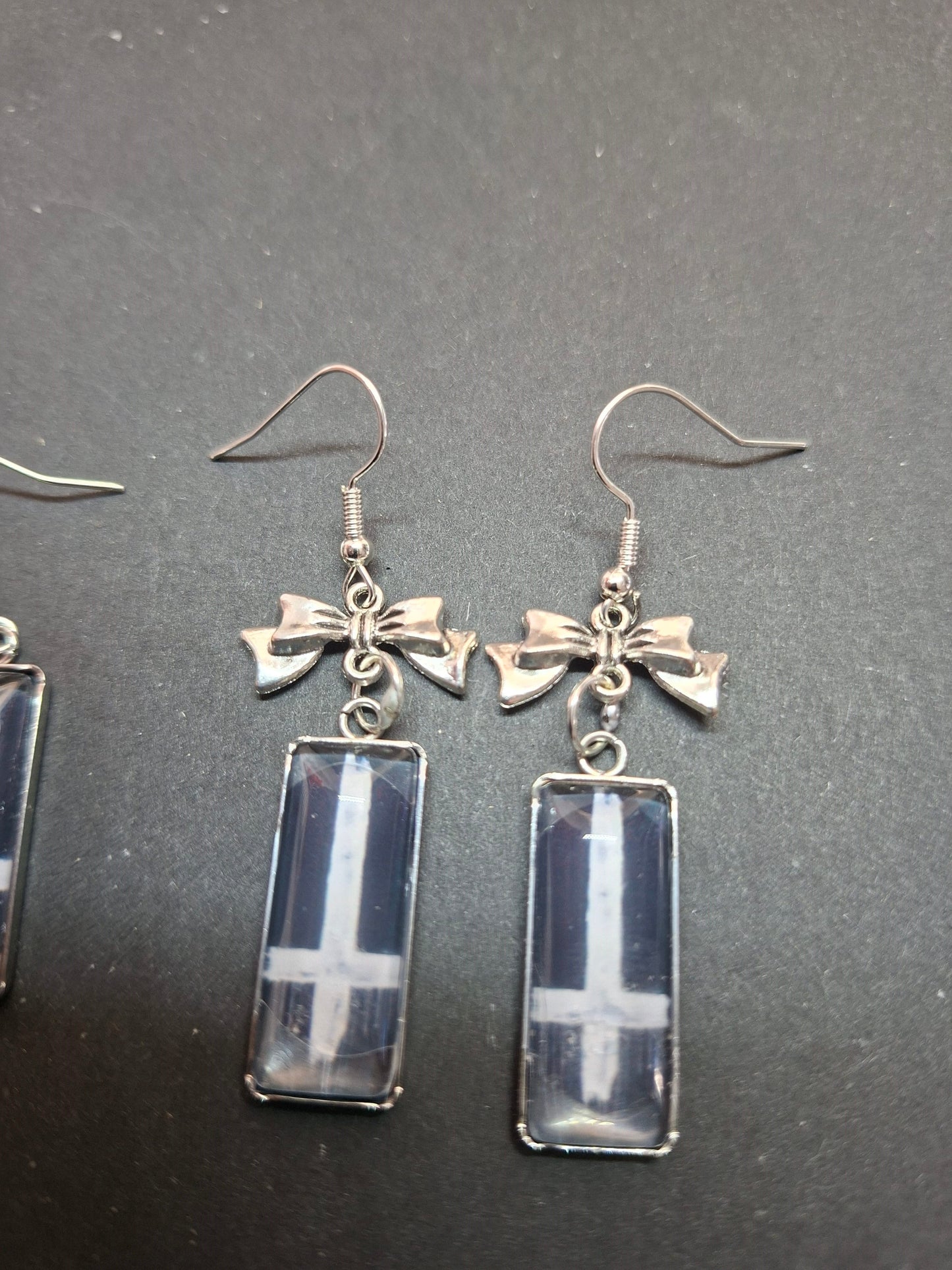 Rectangle earrings,inverted cross with bow or plain: Goth Witchy Occult Witch Pagan Satanic