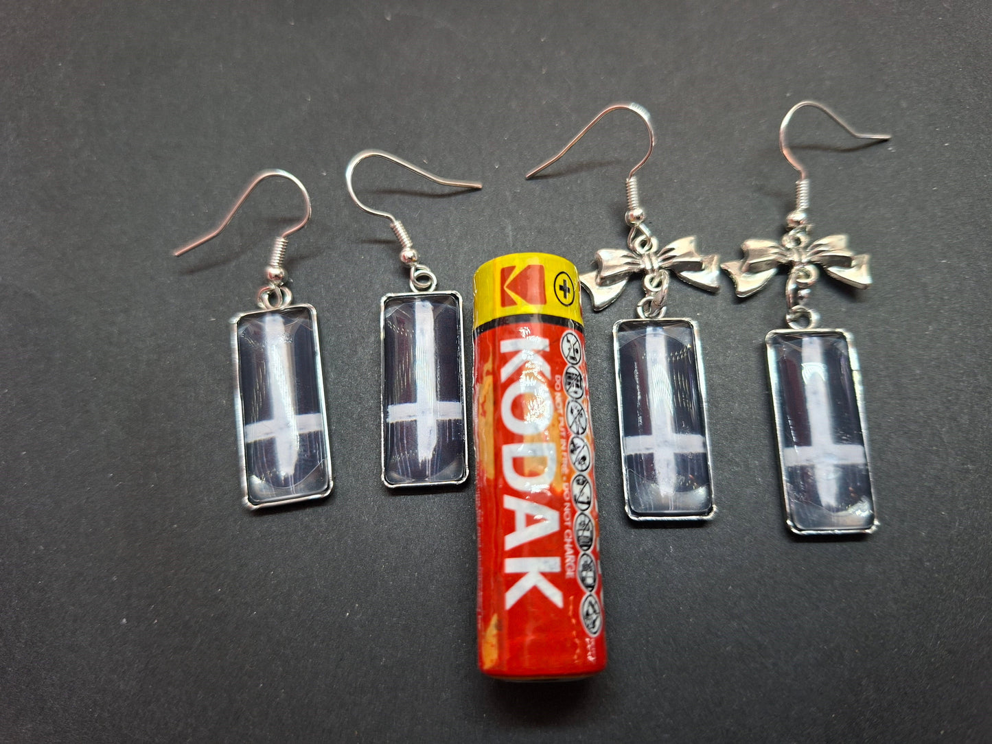Rectangle earrings,inverted cross with bow or plain: Goth Witchy Occult Witch Pagan Satanic