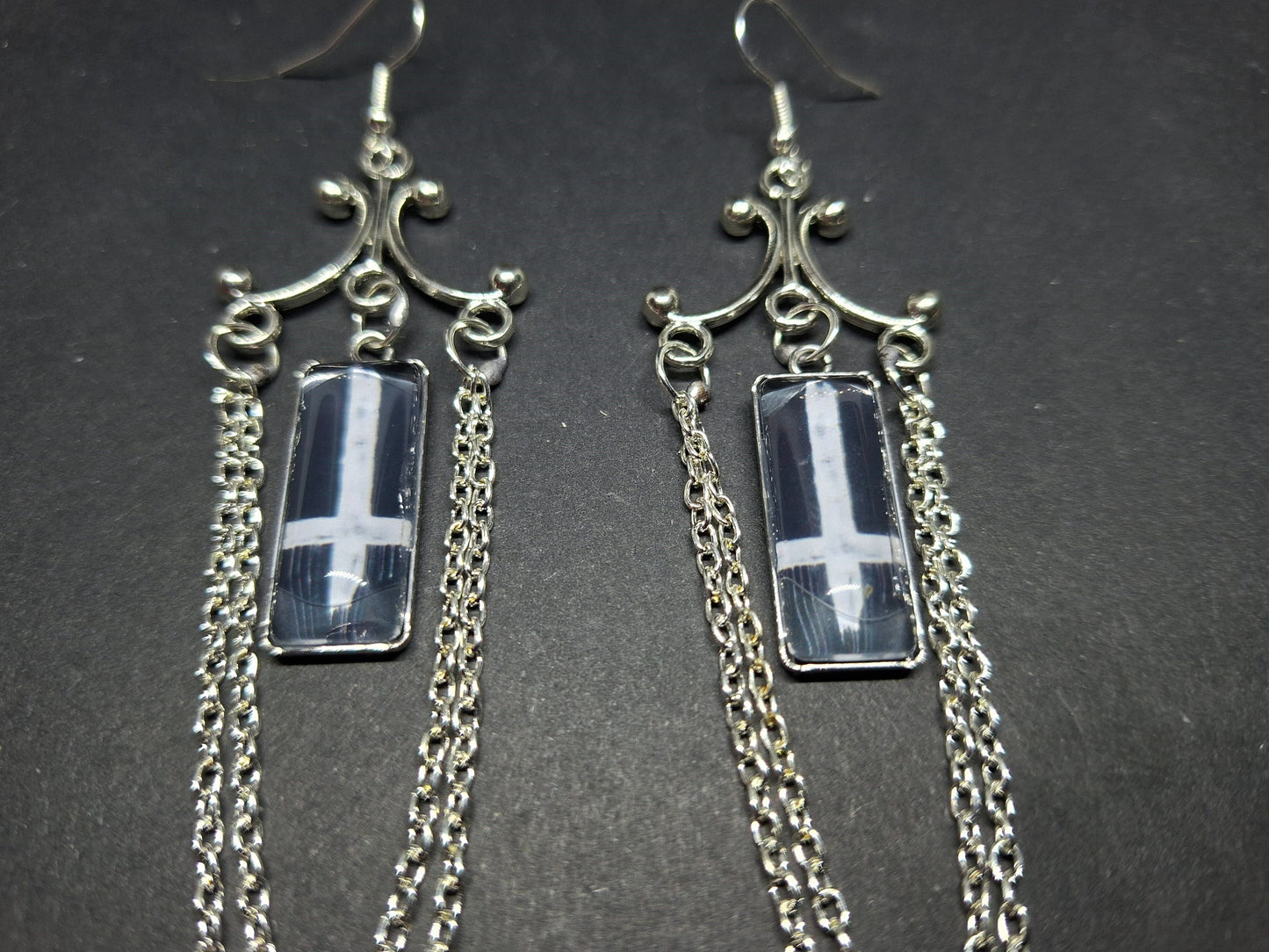 Chandelier earrings" inverted cross image with chains" :Satanic witchy witchcraft goth ritual jewelry