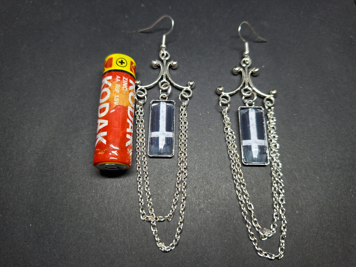 Chandelier earrings" inverted cross image with chains" :Satanic witchy witchcraft goth ritual jewelry