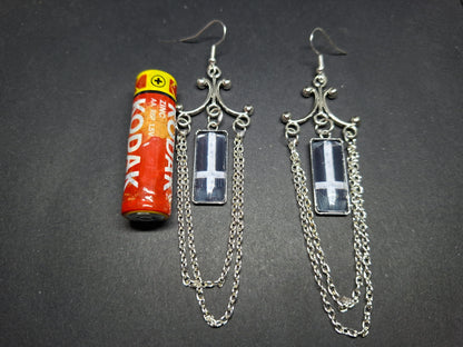 Chandelier earrings" inverted cross image with chains" :Satanic witchy witchcraft goth ritual jewelry