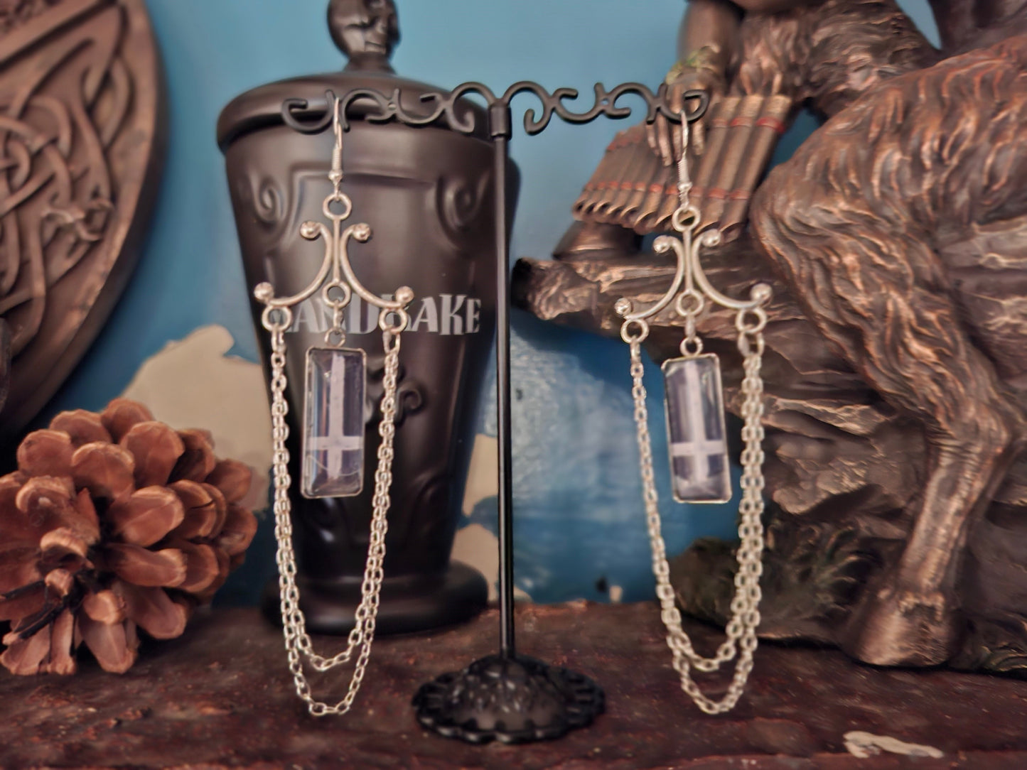 Chandelier earrings" inverted cross image with chains" :Satanic witchy witchcraft goth ritual jewelry