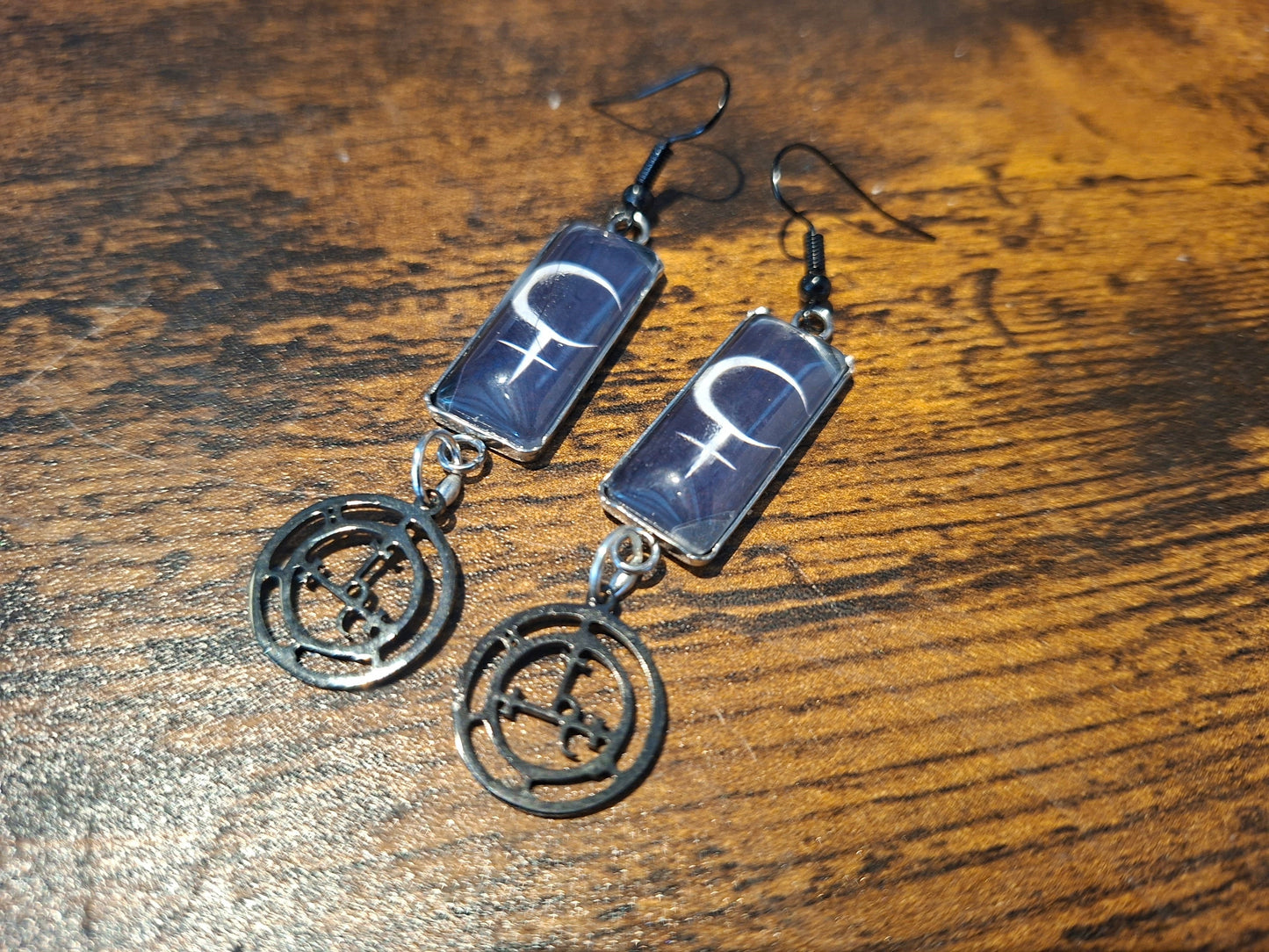 Symbol of "Lilith" Inspired Stainless Steel rectangle image earrings with black sigil