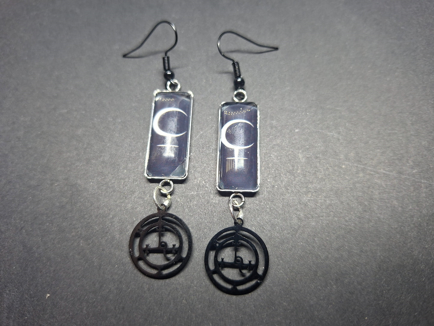 Symbol of "Lilith" Inspired Stainless Steel rectangle image earrings with black sigil