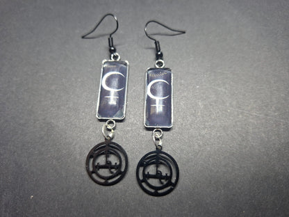 Symbol of "Lilith" Inspired Stainless Steel rectangle image earrings with black sigil