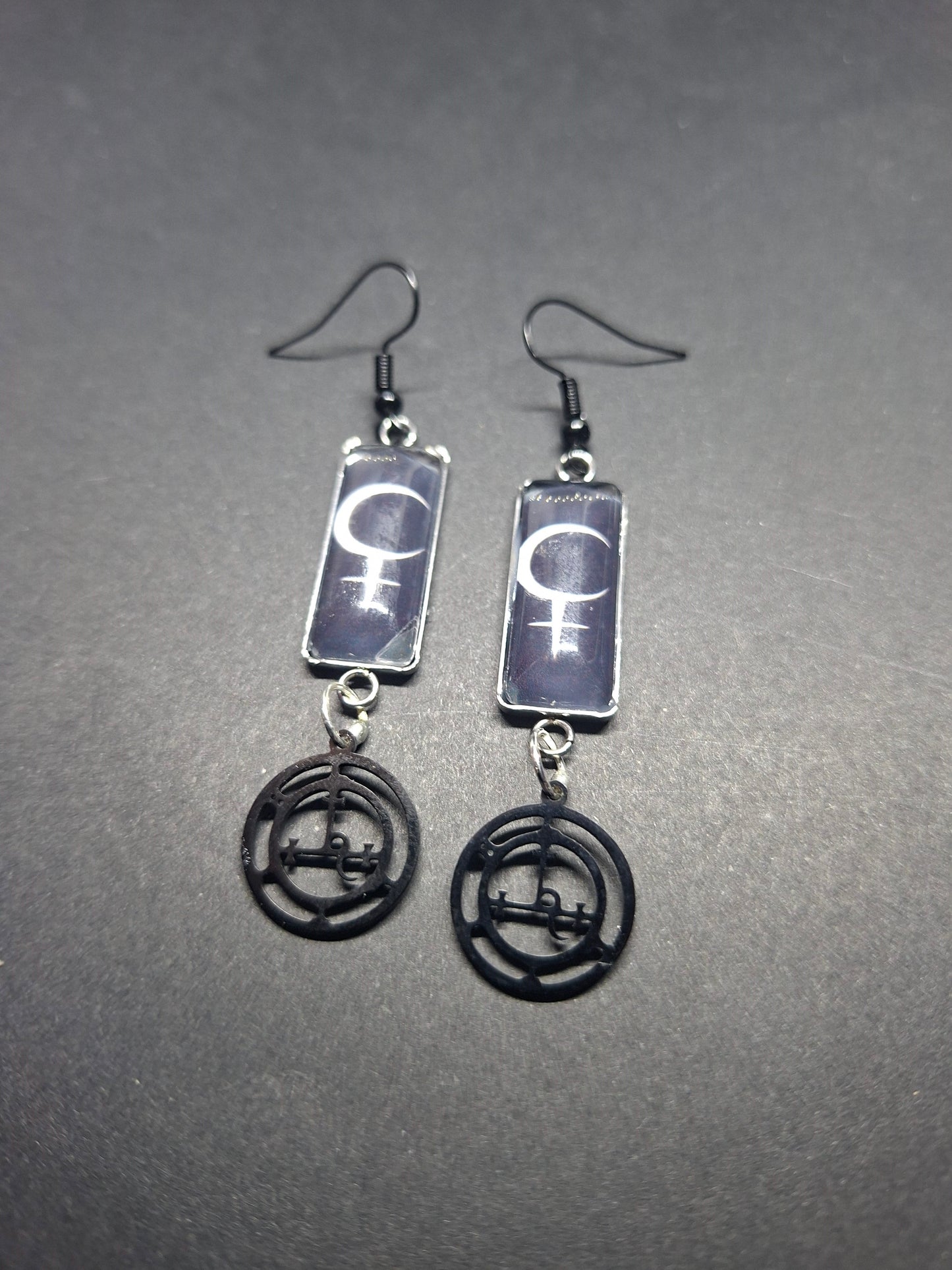 Symbol of "Lilith" Inspired Stainless Steel rectangle image earrings with black sigil
