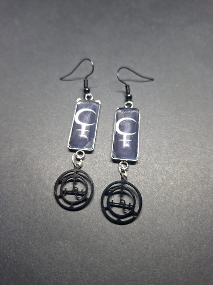 Symbol of "Lilith" Inspired Stainless Steel rectangle image earrings with black sigil