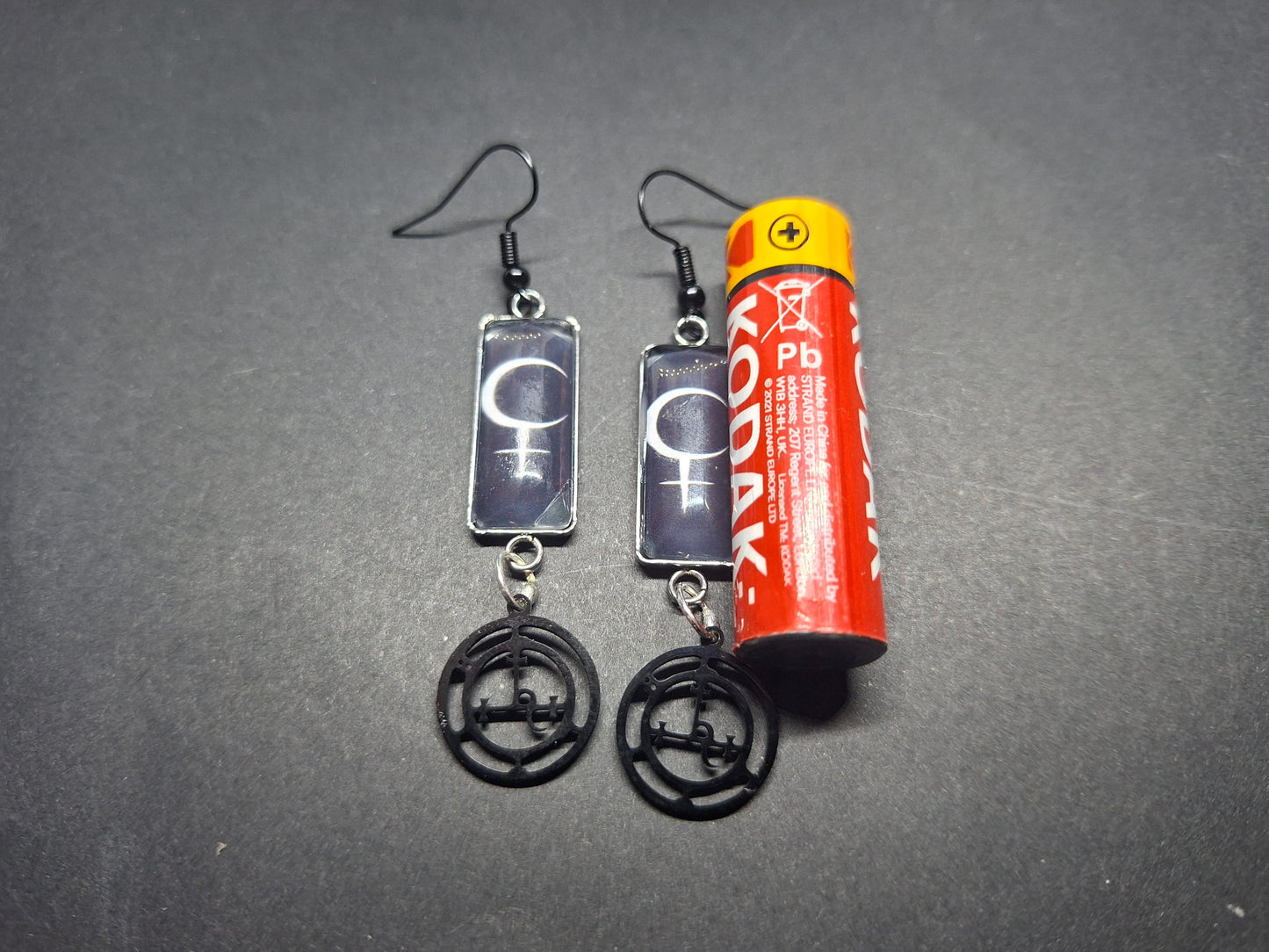 Symbol of "Lilith" Inspired Stainless Steel rectangle image earrings with black sigil