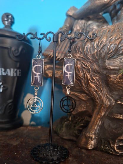 Symbol of "Lilith" Inspired Stainless Steel rectangle image earrings with black sigil