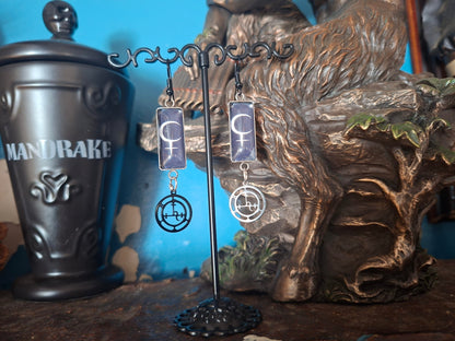 Symbol of "Lilith" Inspired Stainless Steel rectangle image earrings with black sigil