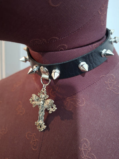 Black Spiked Faux Leather Collar, Ornate Cross with Death Head Moth : Goth Witchy Killstar