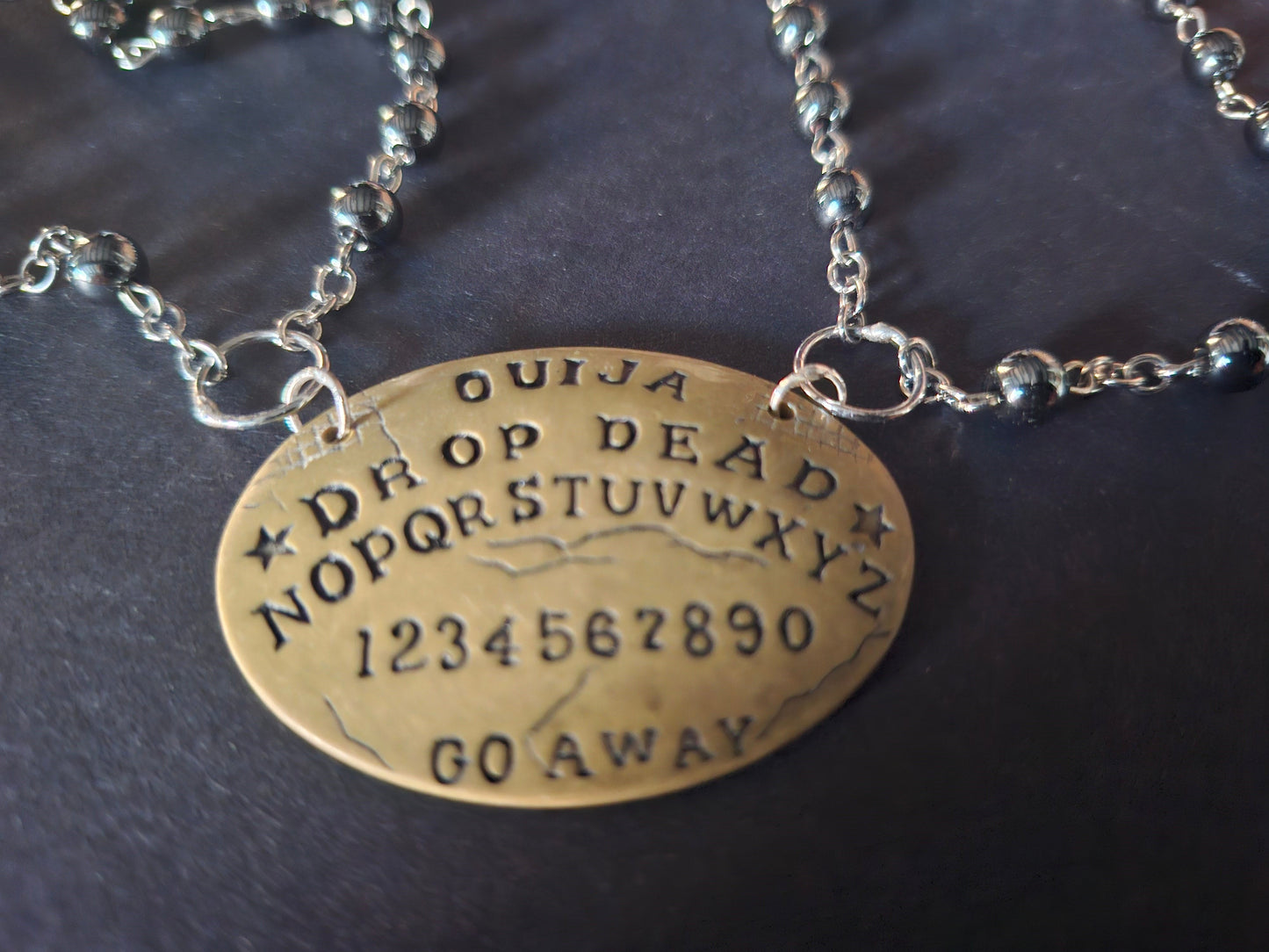 black hammerite double layer rosary , Paranormal spirit board,ouija planchette :gothic witchy occult jewelry