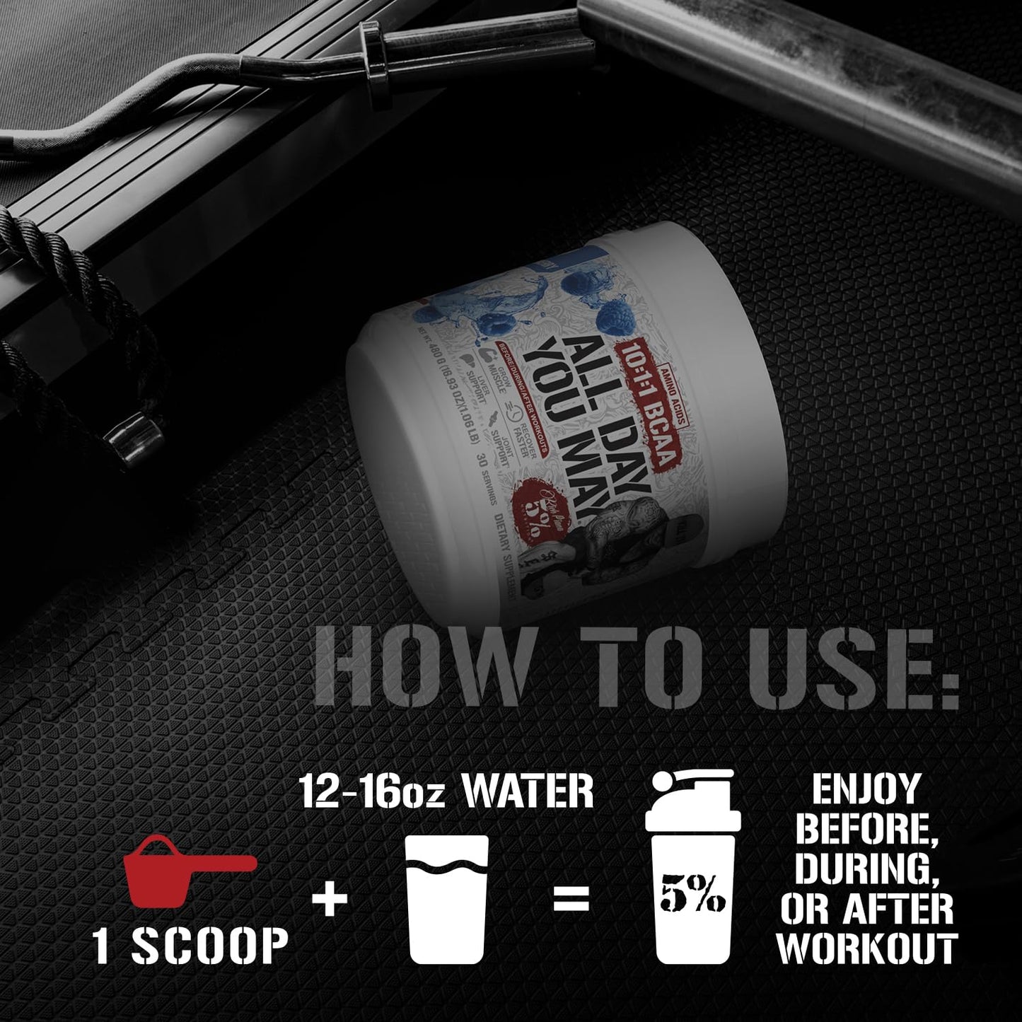 5% Nutrition Rich Piana AllDayYouMay BCAA Powder – Intra & Post-Workout Aminos, Hydration, Endurance (Fruit Punch) 16.93 oz