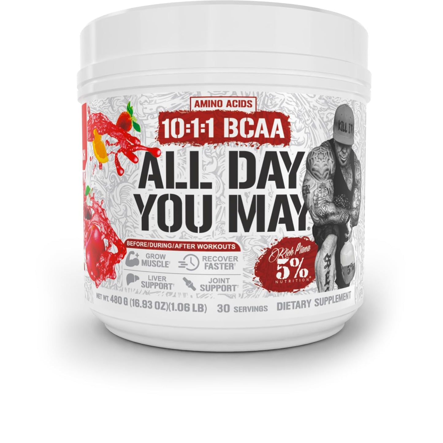 5% Nutrition Rich Piana AllDayYouMay BCAA Powder – Intra & Post-Workout Aminos, Hydration, Endurance (Fruit Punch) 16.93 oz