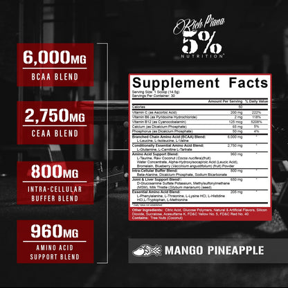 5% Nutrition Rich Piana AllDayYouMay BCAA Powder – Premium Intra & Post Workout Aminos, Mango Pineapple (16.93 oz, 30 Servings)