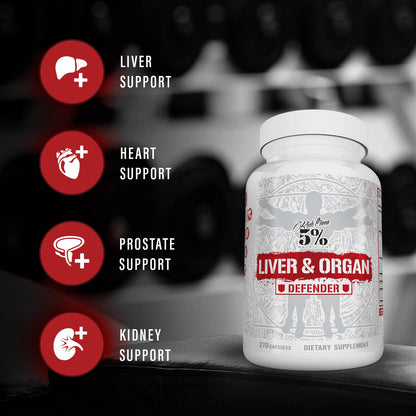 5% Nutrition Rich Piana Liver & Organ Defender Cycle Support Plus NAC | Liver, Prostate, Heart, Kidney & Skin Support | Milk Thistle, Saw Palmetto, Hawthorn Berry | 30-90 Servings