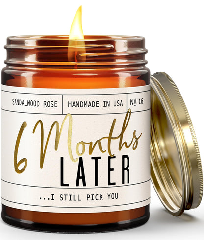 6 Month Anniversary Gift for Girlfriend - Sandalwood Rose Soy Candle, 9oz, USA Made