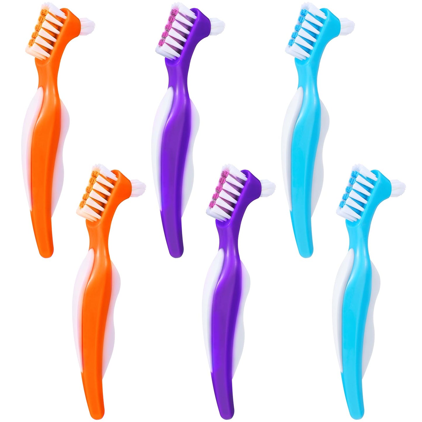 6 Pack Denture Cleaning Brush Dual Head – Angled, Portable Nylon Bristle Toothbrush (Blue/Orange/Purple)