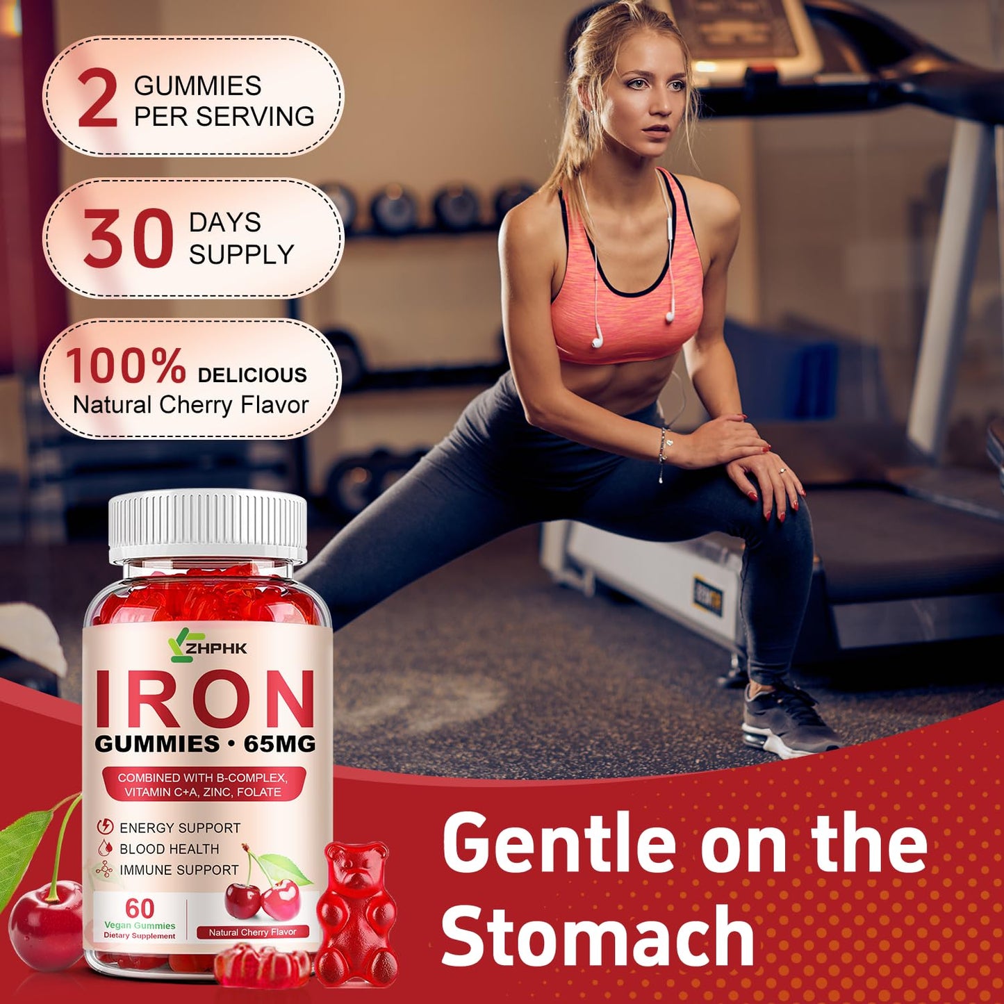 Iron Gummies 65mg Iron + Vitamin C 250mg | For Women, Men & Kids – Cherry (60 Count)