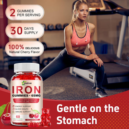 Iron Gummies 65mg Iron + Vitamin C 250mg | For Women, Men & Kids – Cherry (60 Count)