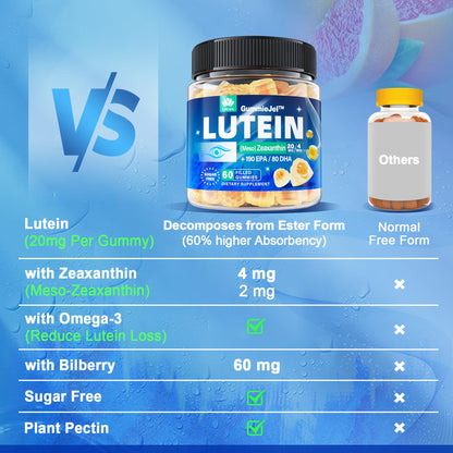 Sugar Free Lutein 20mg & 4mg Zeaxanthin Gummies with Omega-3 (EPA 190mg & DHA 80mg) - Vegan Eye Vitamins, 60 Count
