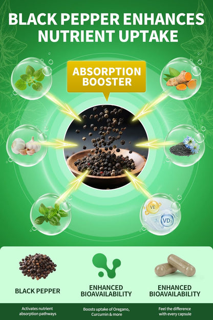 Organic Oil of Oregano Capsules with Black Seed Oil, Garlic, Turmeric, Holy Basil, Vitamin D3, E & Black Pepper – 4 Month Supply (Vegan, Non-GMO)