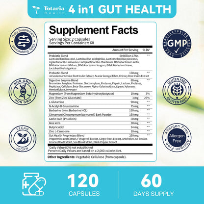 4-in-1 Gut Health Supplement with 60B CFU Probiotics for Immunity & Skin | Women & Men