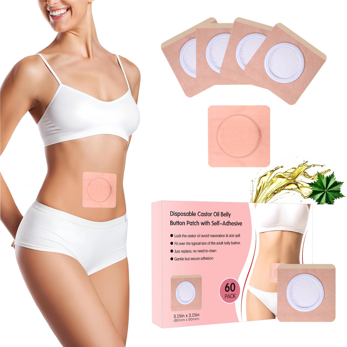 60Pcs Disposable Castor Oil Belly Button Patch - 3.15 x 3.15 Inches, Self-Adhesive, No-Wash, Organic Cotton, Anti-Seepage