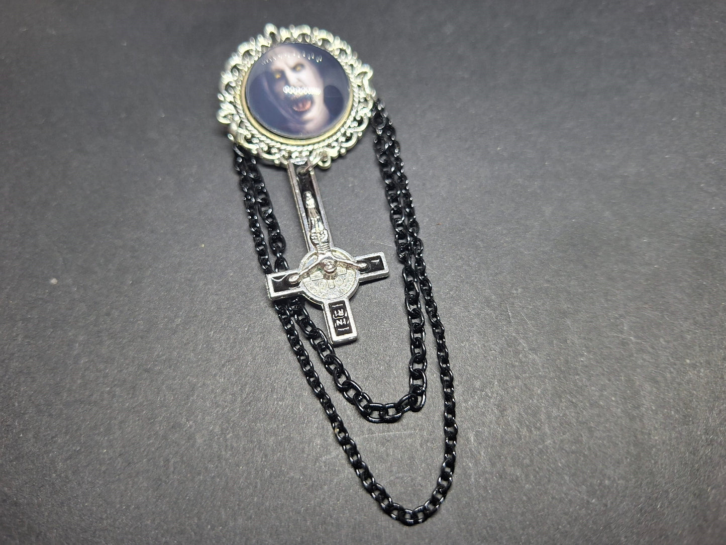 Ornate brooch with chains and inverted crucifix,The Conjuring inspired "Nun"