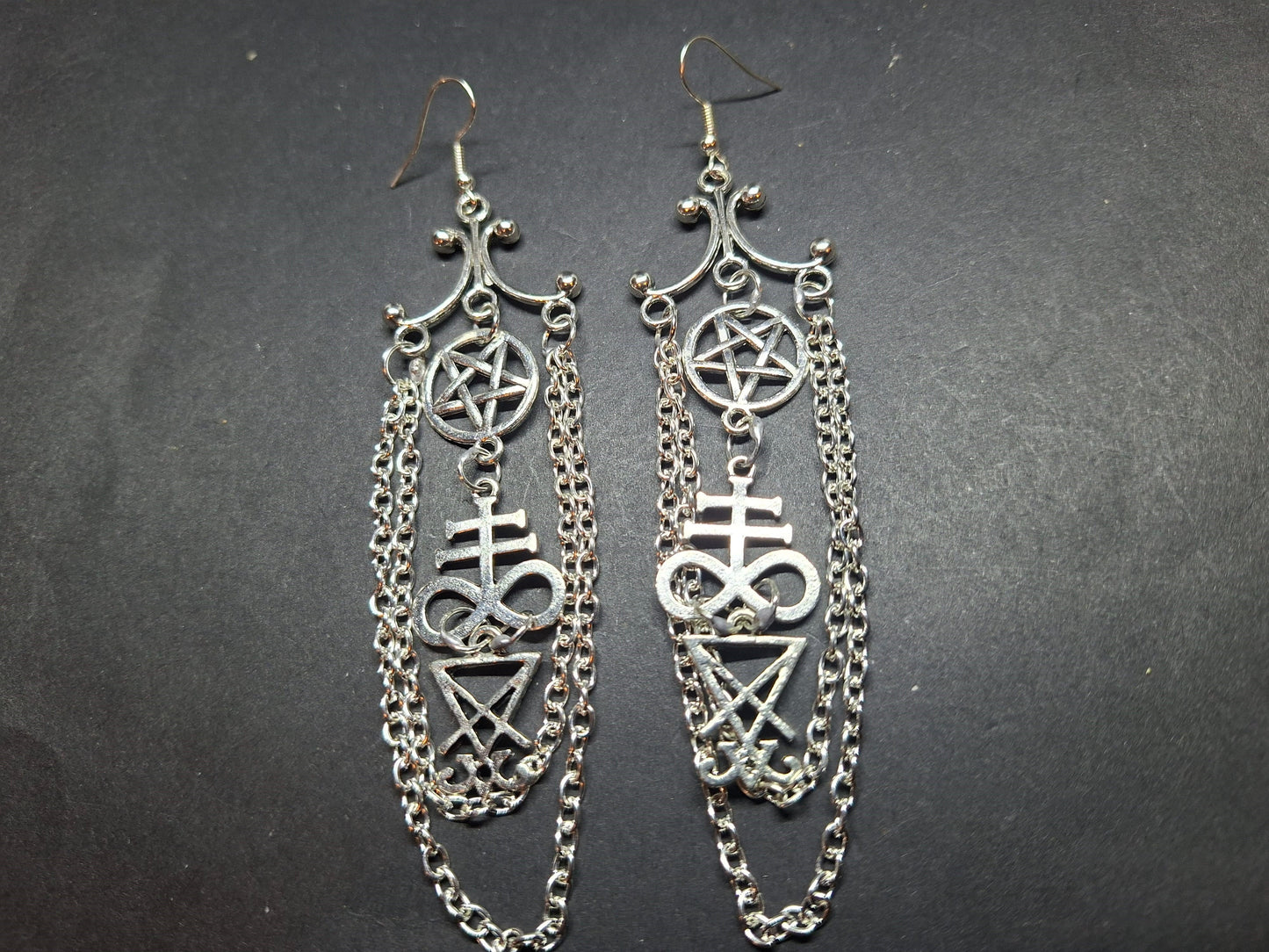 Oddity Curiosity Goth Gothic Witchy witchcraft occult satanic "Chandelier" satanic trinity with chains earrings