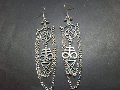 Oddity Curiosity Goth Gothic Witchy witchcraft occult satanic "Chandelier" satanic trinity with chains earrings
