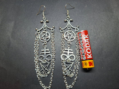Oddity Curiosity Goth Gothic Witchy witchcraft occult satanic "Chandelier" satanic trinity with chains earrings