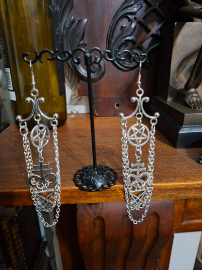 Oddity Curiosity Goth Gothic Witchy witchcraft occult satanic "Chandelier" satanic trinity with chains earrings