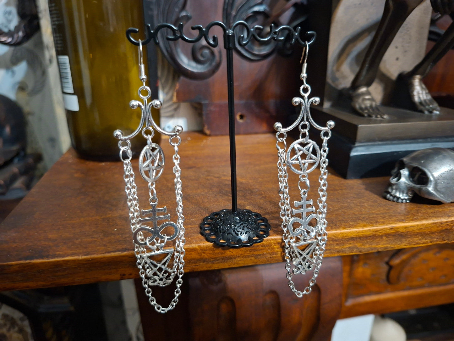 Oddity Curiosity Goth Gothic Witchy witchcraft occult satanic "Chandelier" satanic trinity with chains earrings