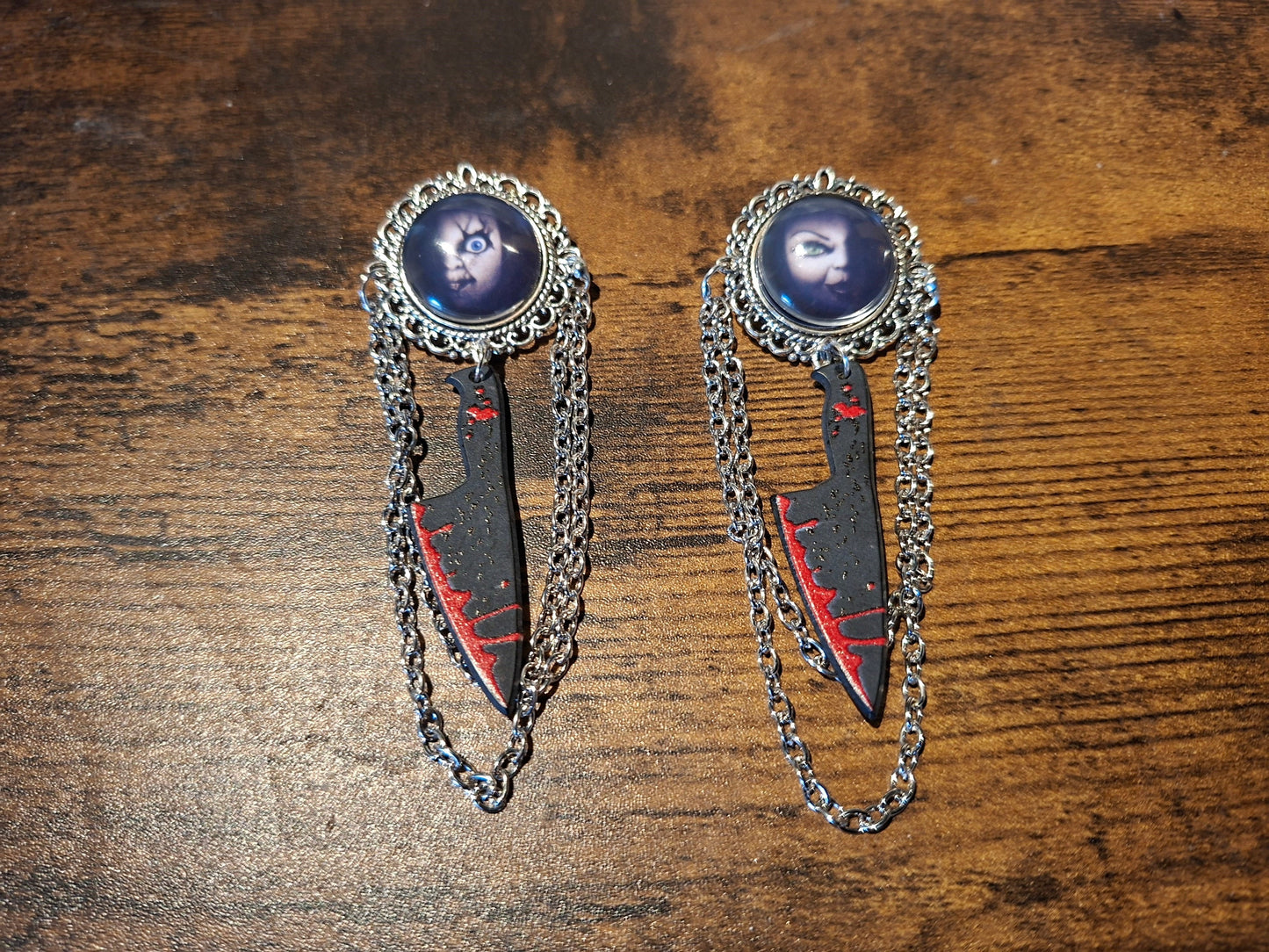 Ornate brooch with chains and blood splatter knife inspired by "Bride of Chucky " Chucky and tiffany
