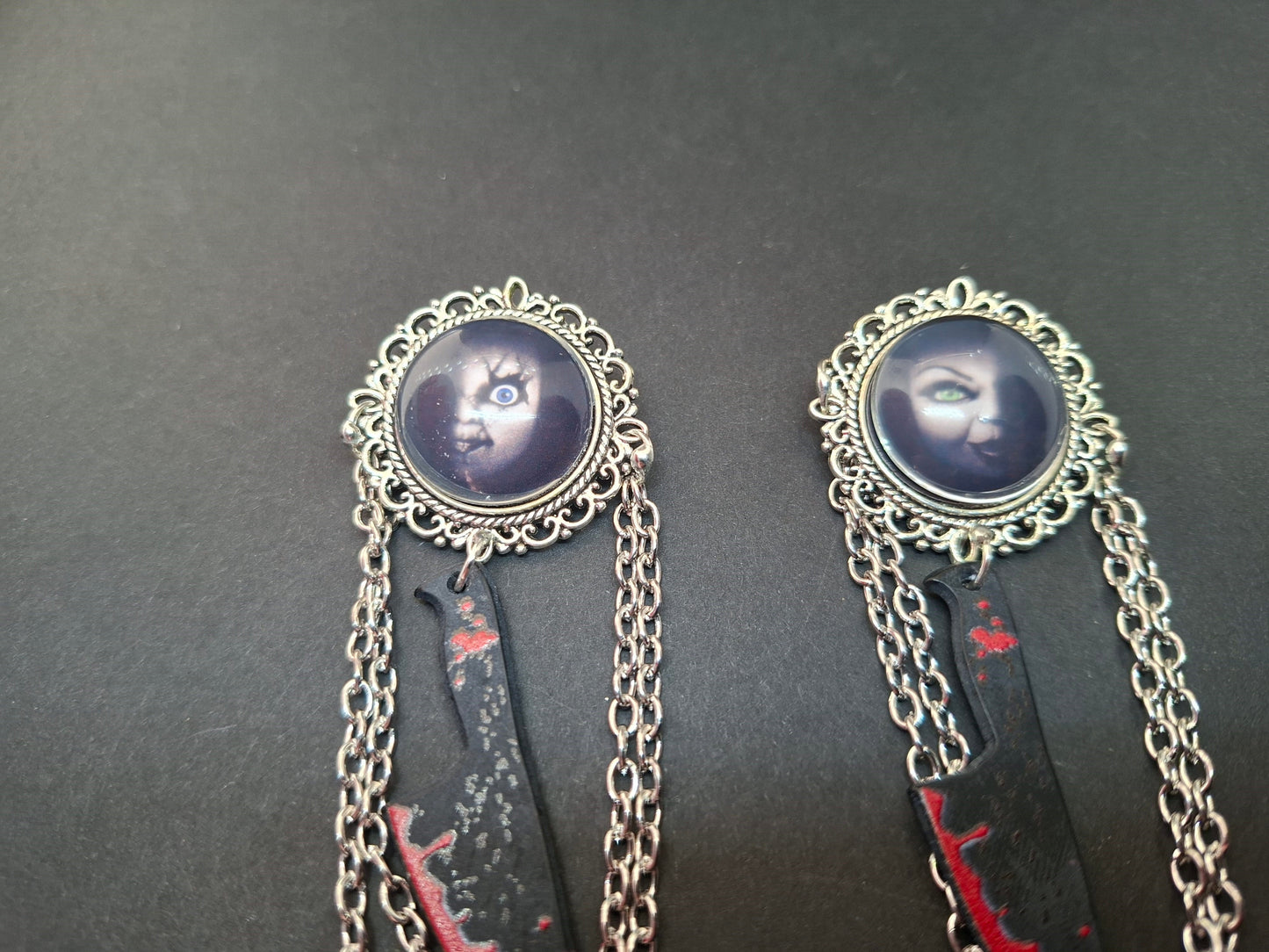 Ornate brooch with chains and blood splatter knife inspired by "Bride of Chucky " Chucky and tiffany